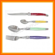 Original French LAGUIOLE® - COMPLETE 24 pcs flatware set - 6 BRIGHT MULTI RAINBOW COLORS (GREEN - PURPLE - YELLOW - ORANGE - BLUE - RED) - in HEAVIER 25/10 stainless steel - blade : 2.5 mm thick = very sturdy! (official authentic Laguiole Jean DUBOST ful