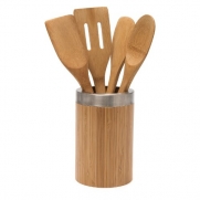 Lipper Bamboo and Stainless Steel Kitchen Tool Holder with 4 Utensils