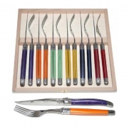 Authentic French Laguiole Jean Dubost - 12 Pcs Steak Flatware Set - Bright Multi Colored Handles: Purple - Orange - Green - Yellow - Blue - Red (6 Steak Knives + 6 Matching Forks) - In Heavier 25/10 Stainless Steel - 2.5 mm sharp smooth blade (Family Dinn