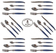 Original French Laguiole Jean Dubost - Complete 24 Pcs Flatware Set - Blue Color - In Heavier 25/10 Stainless Steel - Sharp 2.5 mm Blade (Full Family Quality Dinner Table Colour Cutlery Setting for 6 People - Direct From France)