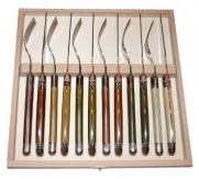 Authentic French Laguiole Jean Dubost - 12 Pcs Steak Flatware Set (6 Steak Knives + 6 Matching Forks) - Serrated Blade - 6 Soft/pastel Multi Colored Handles : Pearl - Pepper - Brown - Olive - Caramel - Copper) - Direct From France
