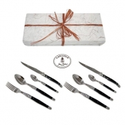 Authentic Laguiole Dubost - Flatware Set for 2 People In Beautiful Gift-box - Black Color - In Heavier 25/10 Stainless Steel - Blade : 2.5 mm (Official French Quality Dark Colour Duo Place Cutlery Settings - With Certificate of Authenticity - Direct From 