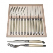 Authentic French Laguiole Jean Dubost 25/10 - 12 pcs Steak Flatware Set (6 Steak Knives + 6 Matching Forks) - Pearl Color - In Heavier 25/10 Stainless Steel - 2.5 mm Sharp Smooth Blade - Family Dinner Table Steak Setting - Direct From France