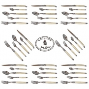 French Laguiole Jean Dubost - Complete 40 pcs Flatware Set - Pearl Color - Sharp Stainless Steel Blade (Full Family Quality White Dinner Table Cutlery Setting for 8 People - Direct From France)