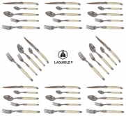 French Laguiole Jean Dubost - Complete 40 pcs Flatware Set - Pearl Color - Sharp Stainless Steel Blade (Full Family Quality White Dinner Table Cutlery Setting for 8 People - Direct From France)