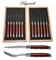Laguiole - Real Rosewood - 12 Pcs Steak Flatware Set (6 Steak Knives + 6 Forks) - Shepherd's Cross - Direct From France