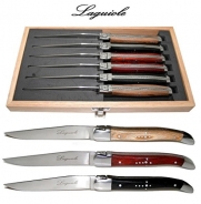 Laguiole - 6 Steak Knives - Trio of Exotic Woods : Olivewood + Rosewood + Black Wood (Blade: Very Sharp! - With Famous Shepherd's Cross on Handles - Quality Family Table Flatware Setting for 6 People - Direct From France)