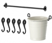Ikea Steel Kitchen Organizer Set, 22.5-inch Rail, 5 Hooks, Flatware Caddy, Black, White
