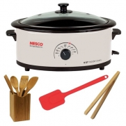 Nesco Everday Roaster 6 Qt. Ivory -Non-Stick Cookwell - Glass Cover + Tool Set 5 Piece Bamboo Finish + 10.5in Silicone Spatula Cherry + Accessory Kit