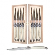 Authentic French Laguiole Jean Dubost - 8 Steak Knives Set - Ivory Color - In Heavier 25/10 Stainless Steel - Sharp Serrated Blade (Quality Family Dinner White Colour Table Steak Flatware Setting - Direct From France)