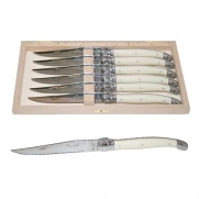 Authentic French Laguiole Jean Dubost - 6 Steak Knives - Ivory Color - In Heavier 25/10 Stainless Steel - Serrated Blade (Quality Family White Colour Table Flatware Setting for 6 People - Direct From France)