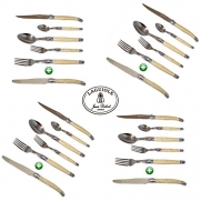 LAGUIOLE® Dubost - Horn - Complete 24 Pieces Flatware Set for 4 People (New 6-Pcs Per Person Place Setting : Includes Exclusive Round Tip Table/Butter Knife) - Stainless Steel (Authentic French Cream White Color Full Family Quality Cutlery Table Dinner S