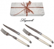 Authentic LAGUIOLE® Dubost - IVORY - Steak Set for 2 People in Beautiful Gift-box - In Heavier 25/10 Stainless Steel - Blade : Serrated + 2.5 mm Thick (Official French Quality White Color Duo Place Flatware/Cutlery Setting - With Certificate of Authentic