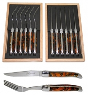 French Laguiole - 6 Steak Knives + 6 Forks (12 pcs Steak Set) - Picasso Amber - Blade: Very Sharp
