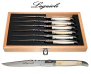 Laguiole - Real Bone - 6 Steak Knives - Blade: 2 Mm - Smooth + Very Sharp (Perfect Steak/Pizza Knife) - Original Genuine Laguiole - Quality Family Table Cutlery/Flatware Setting for 6 People - Set in Wooden Presentation Box - Direct From France