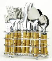 18/0 Durable Stainless Steel Bamboo Styled High Impact Plastic Handles Polished Finish - Never Need Polishing Dishwasher Safe - Comes with a chrome rack