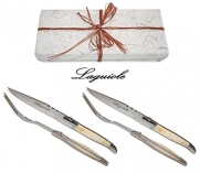 Laguiole - Real Bone - Steak Flatware Set for 2 People (Steak Knives + Forks) - Blade: Sharp + Smooth - Presented in Gift-box - Direct From France